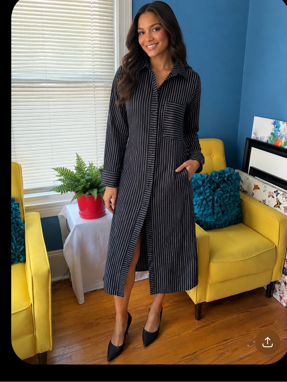 Black Pinstripe Button-Down Shirt Dress